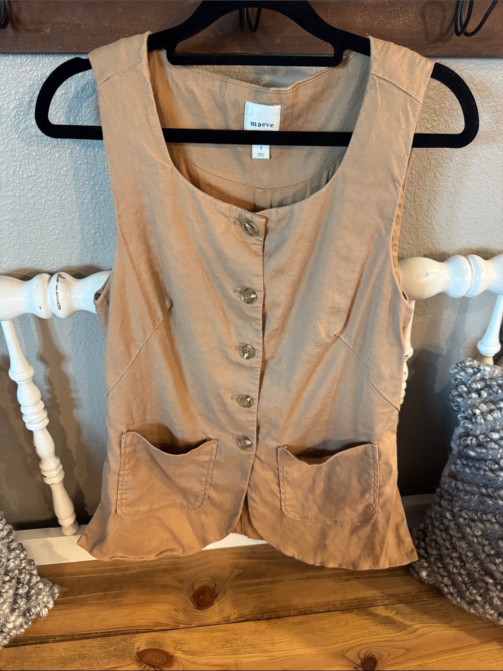 Maeve Sleeveless Button-Front Vest in Tan - Picture 1 of 5